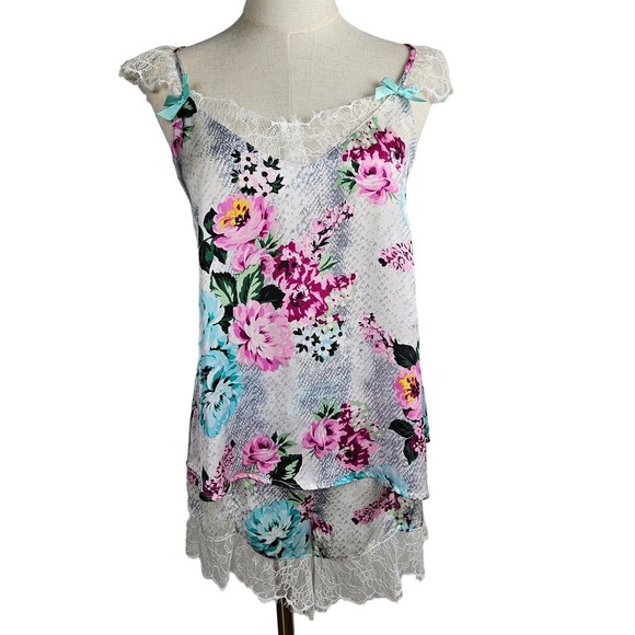 Venus‎ Floral Satin & Lace Pajama Set M Tank Shorts White Pink Aqua - Picture 1 of 8